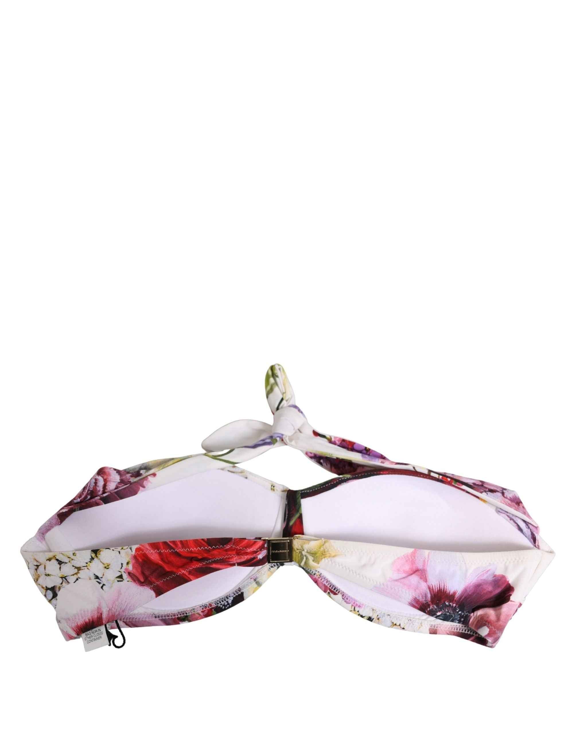 Dolce & Gabbana White Floral Print Nylon Beachwear Bikini Top