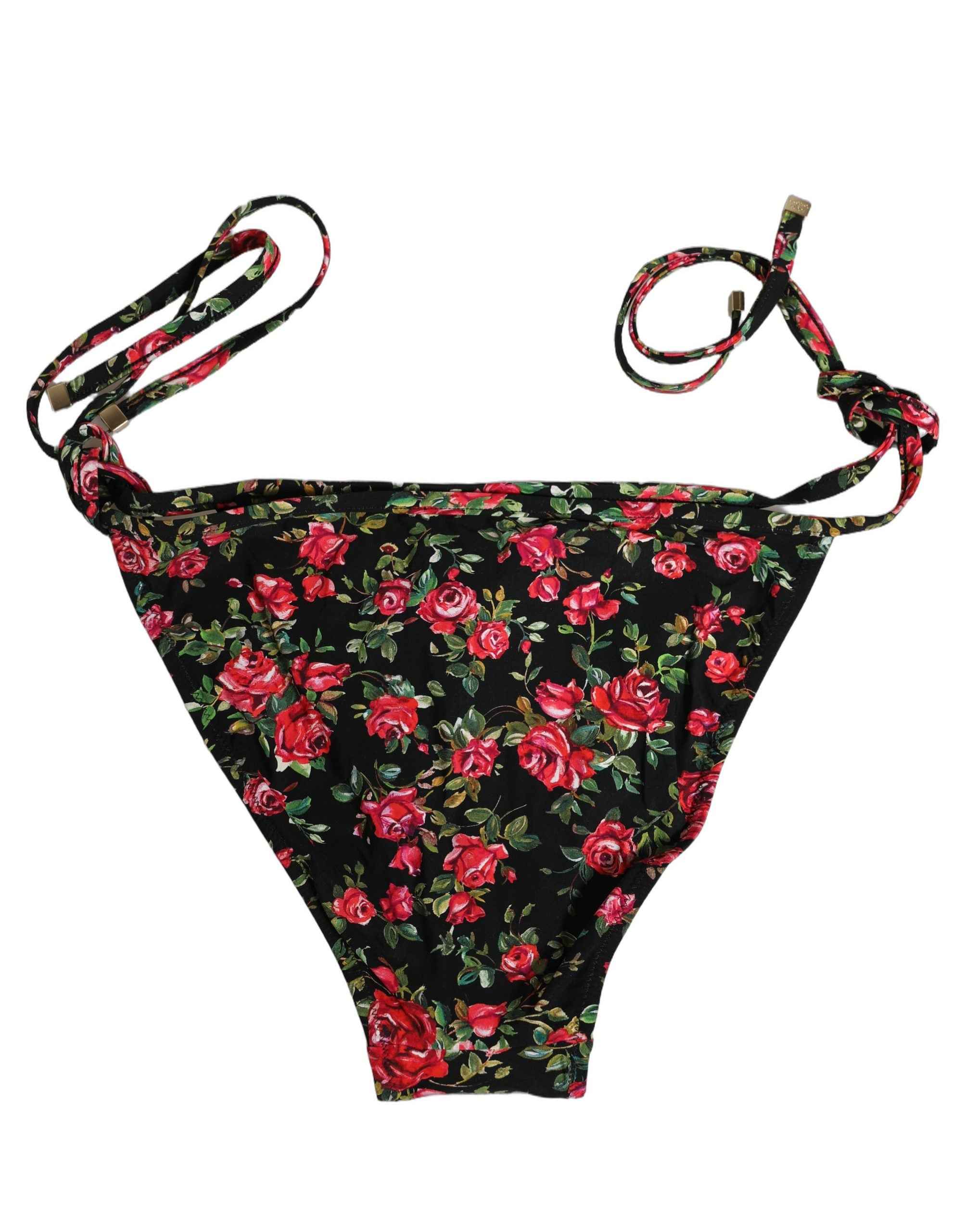 Dolce & Gabbana Black Floral Print Nylon Beachwear Bikini Bottom