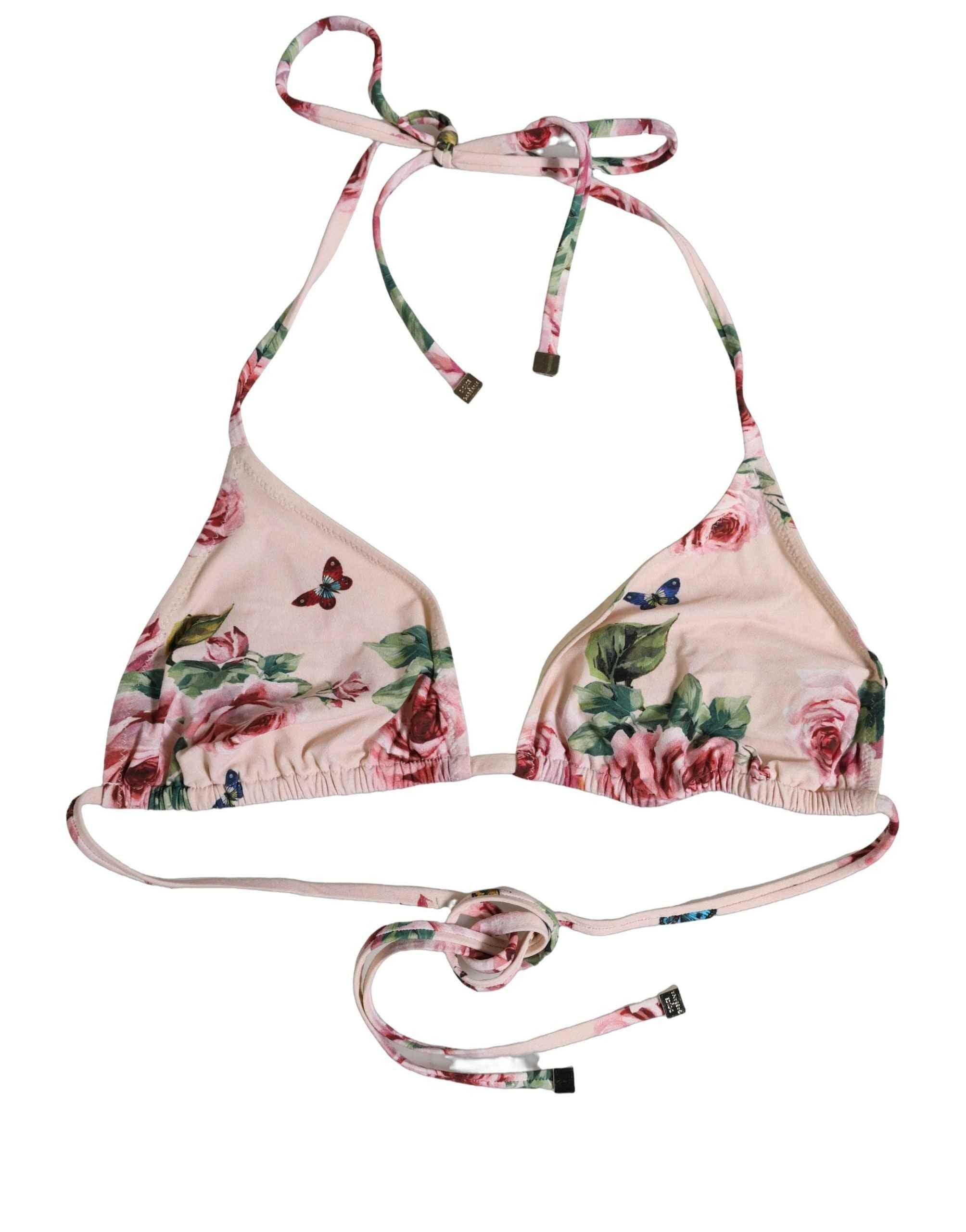 Dolce & Gabbana Pink Nylon Floral Halter Beachwear Bikini Top