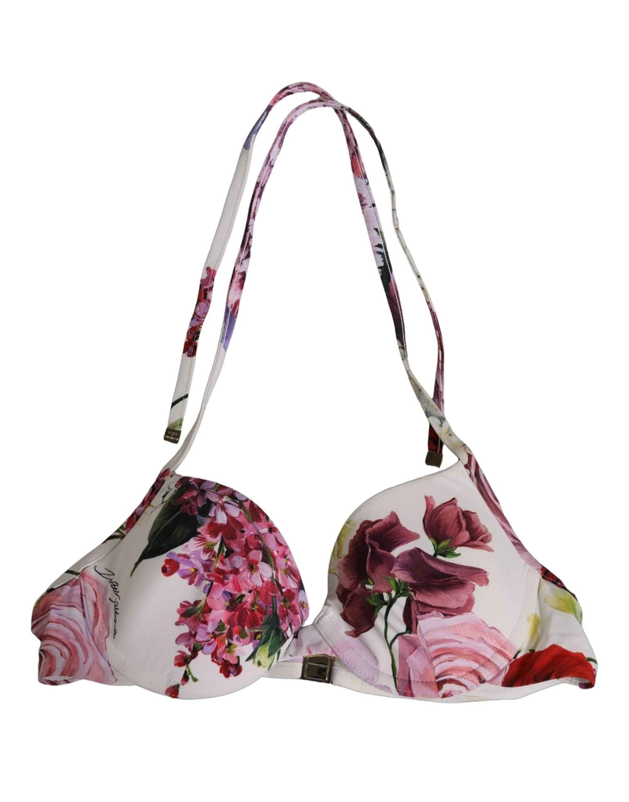 Dolce & Gabbana White Floral Print Nylon Beachwear Bikini Top