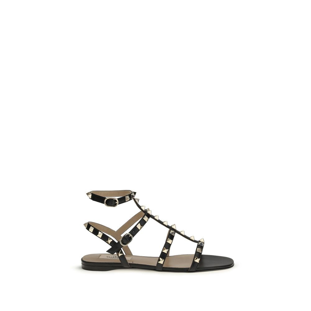Valentino Garavani Black Calf Leather Bos Taurus Flat Sandals