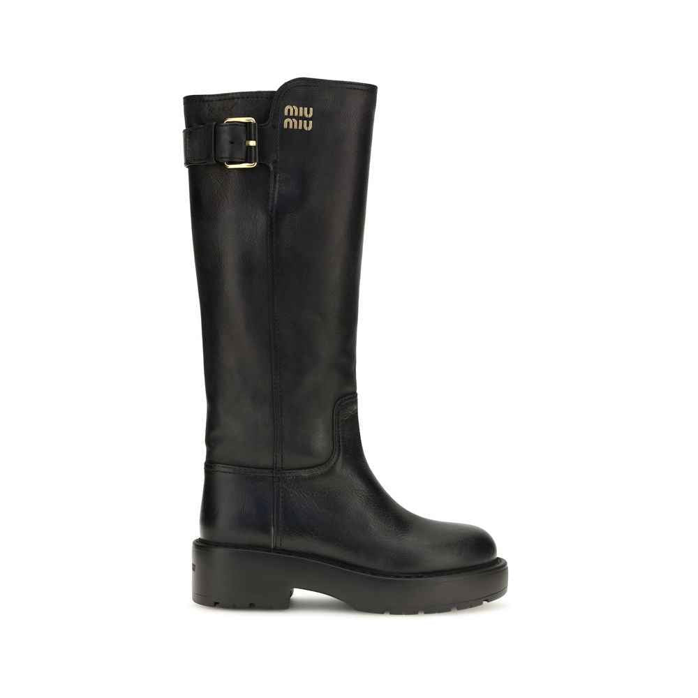 Miu Miu Black Calf Leather Bos Taurus Flat Boots