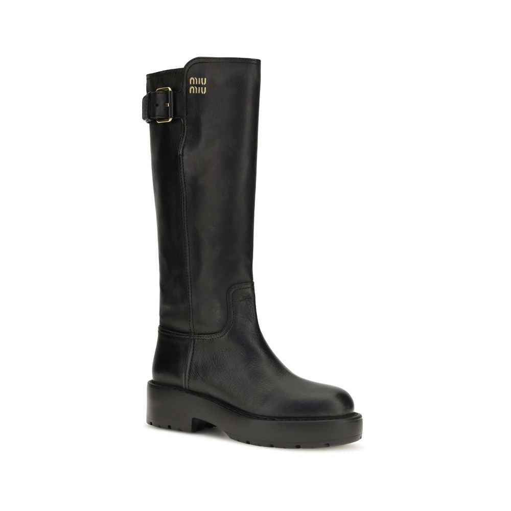 Miu Miu Black Calf Leather Bos Taurus Flat Boots
