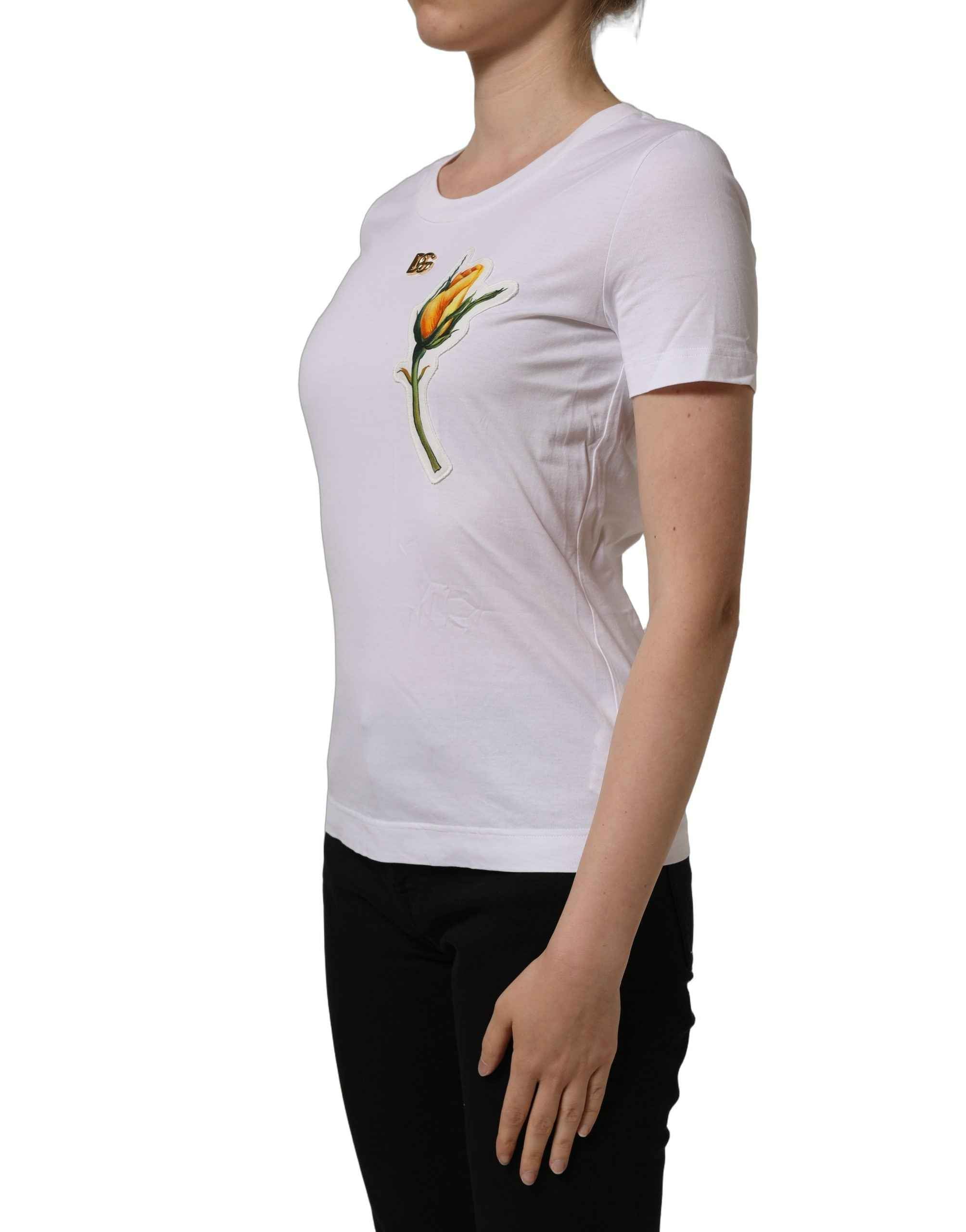 Dolce & Gabbana White Cotton Rose Patch Crew Neck T-shirt