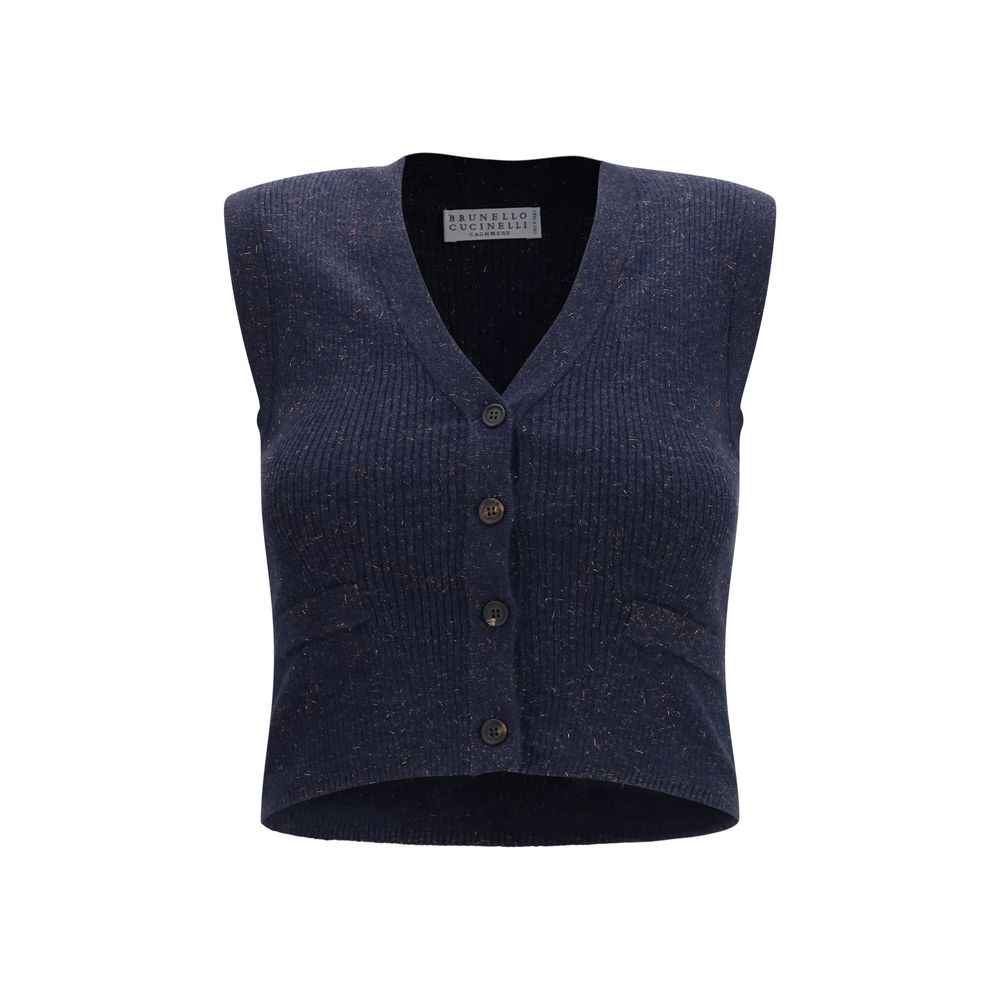 Brunello Cucinelli Blue Cashmere Sleeveles Sweater