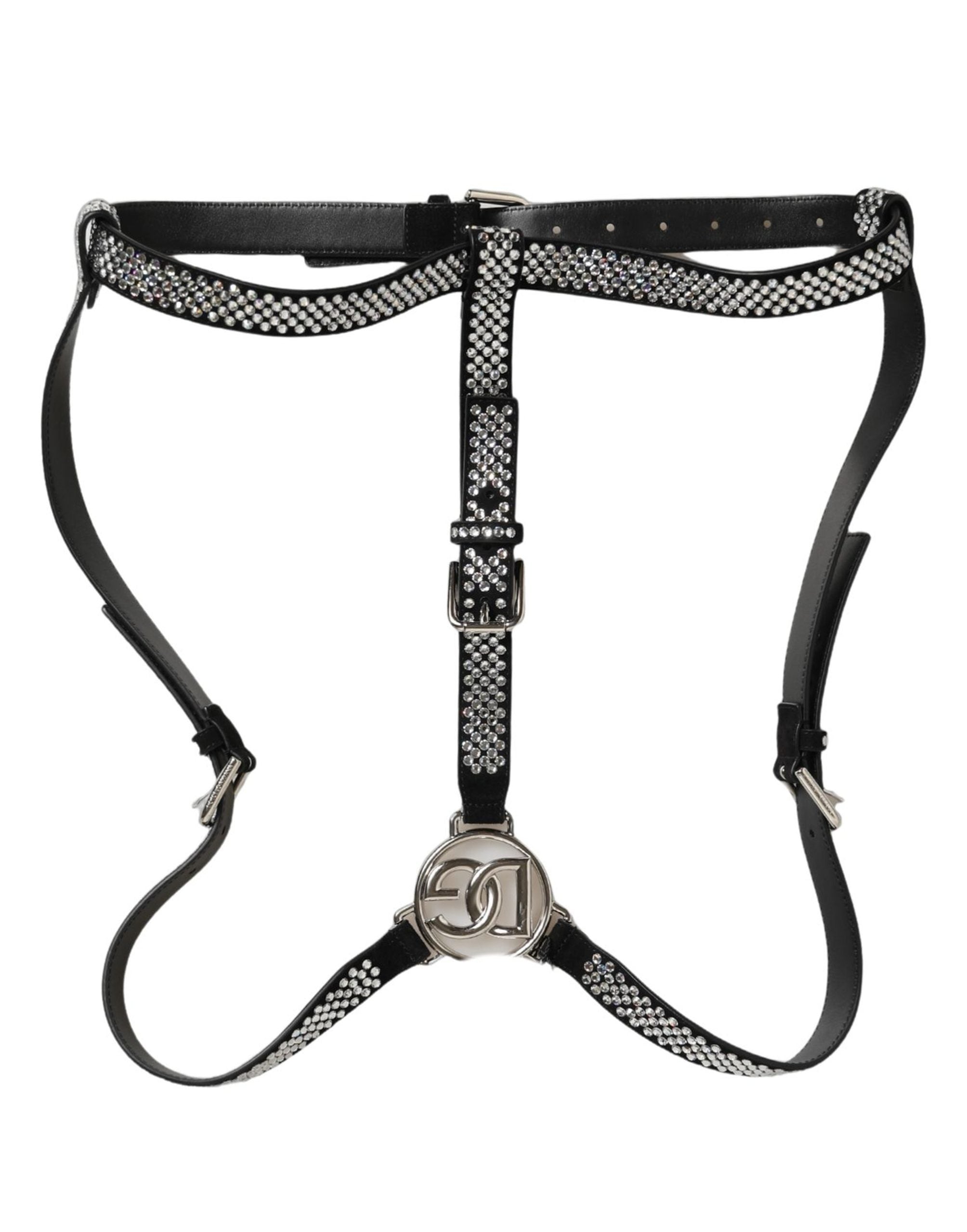 Dolce & Gabbana Black Leather Rhinestones Embellished Men Suspender
