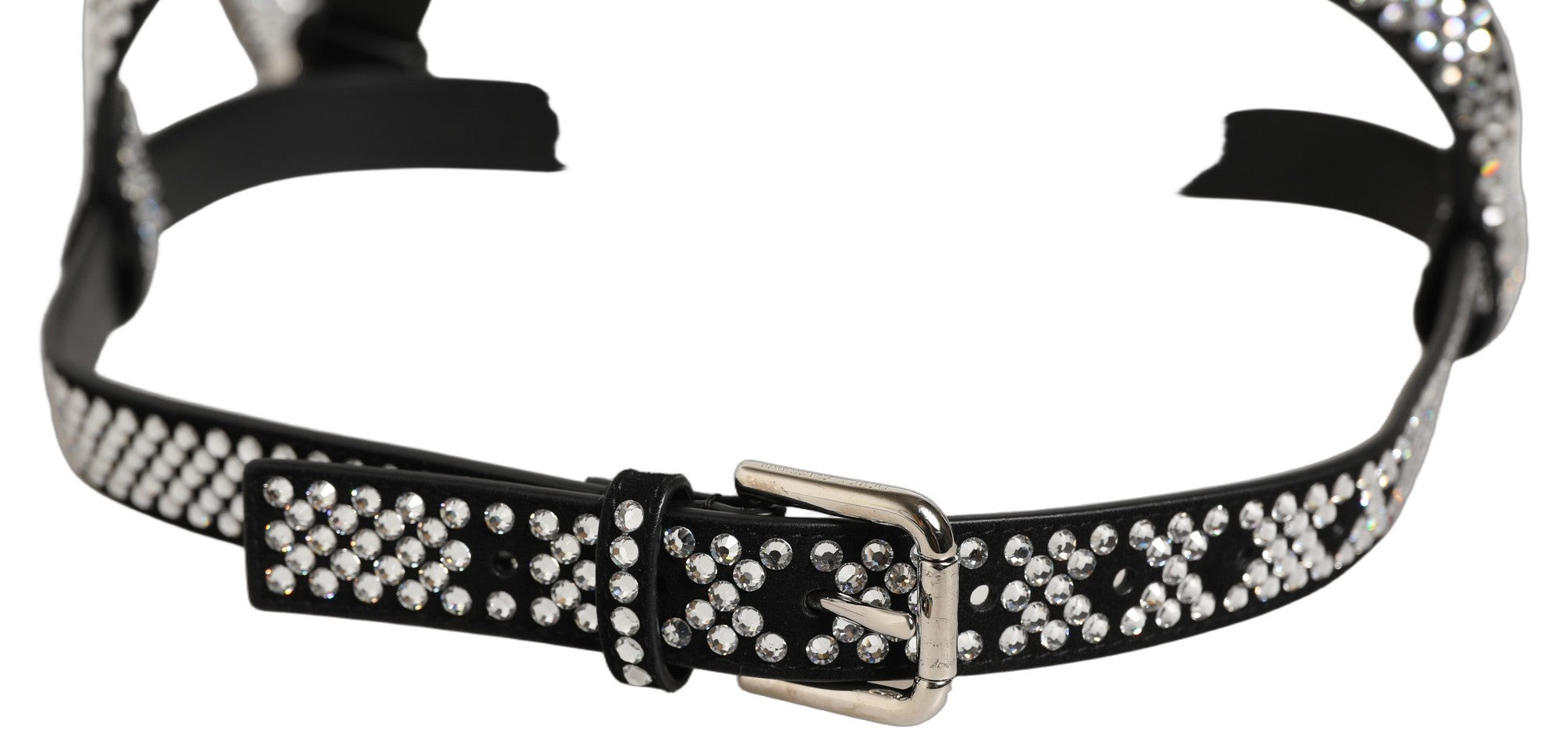 Dolce & Gabbana Black Leather Rhinestones Embellished Men Suspender