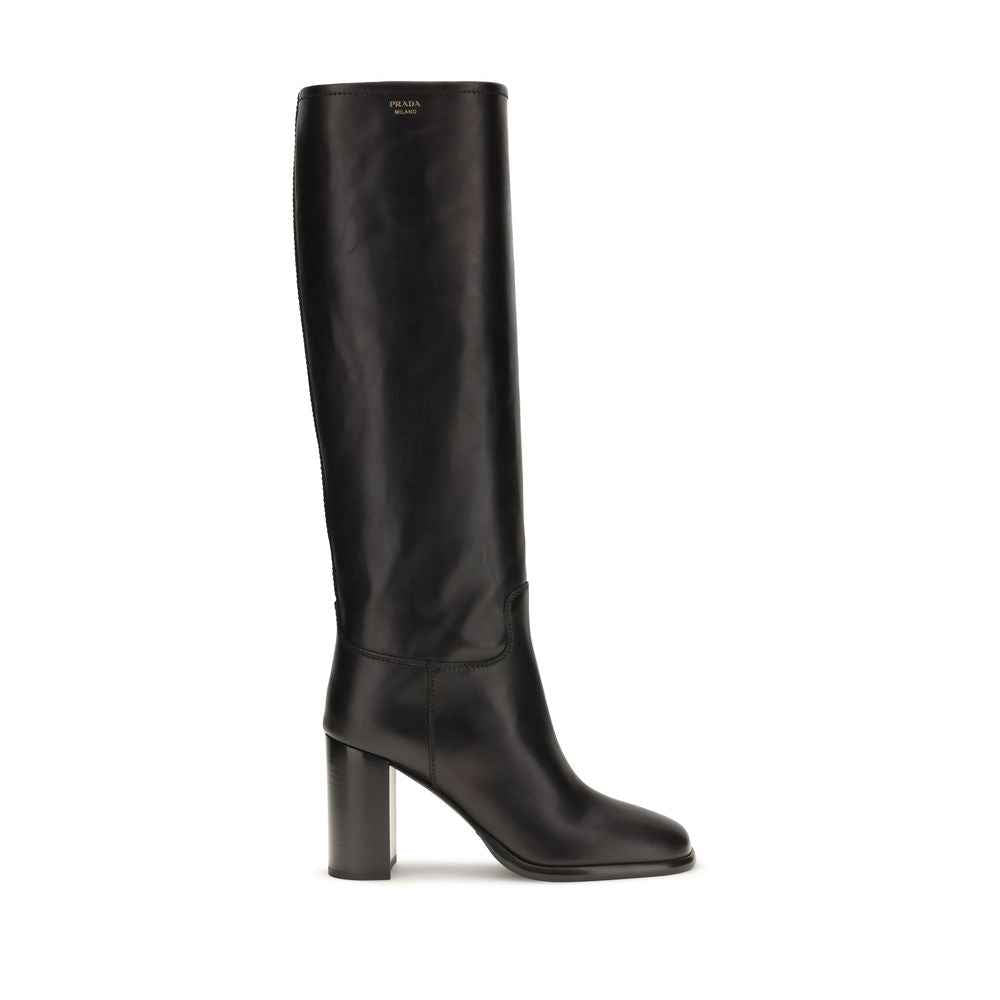 Prada Black Calf Leather Bos Taurus High Heel Boots