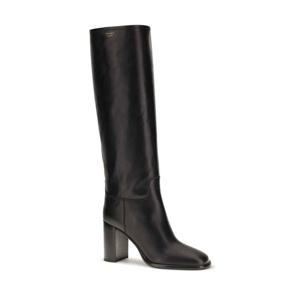 Prada Black Calf Leather Bos Taurus High Heel Boots