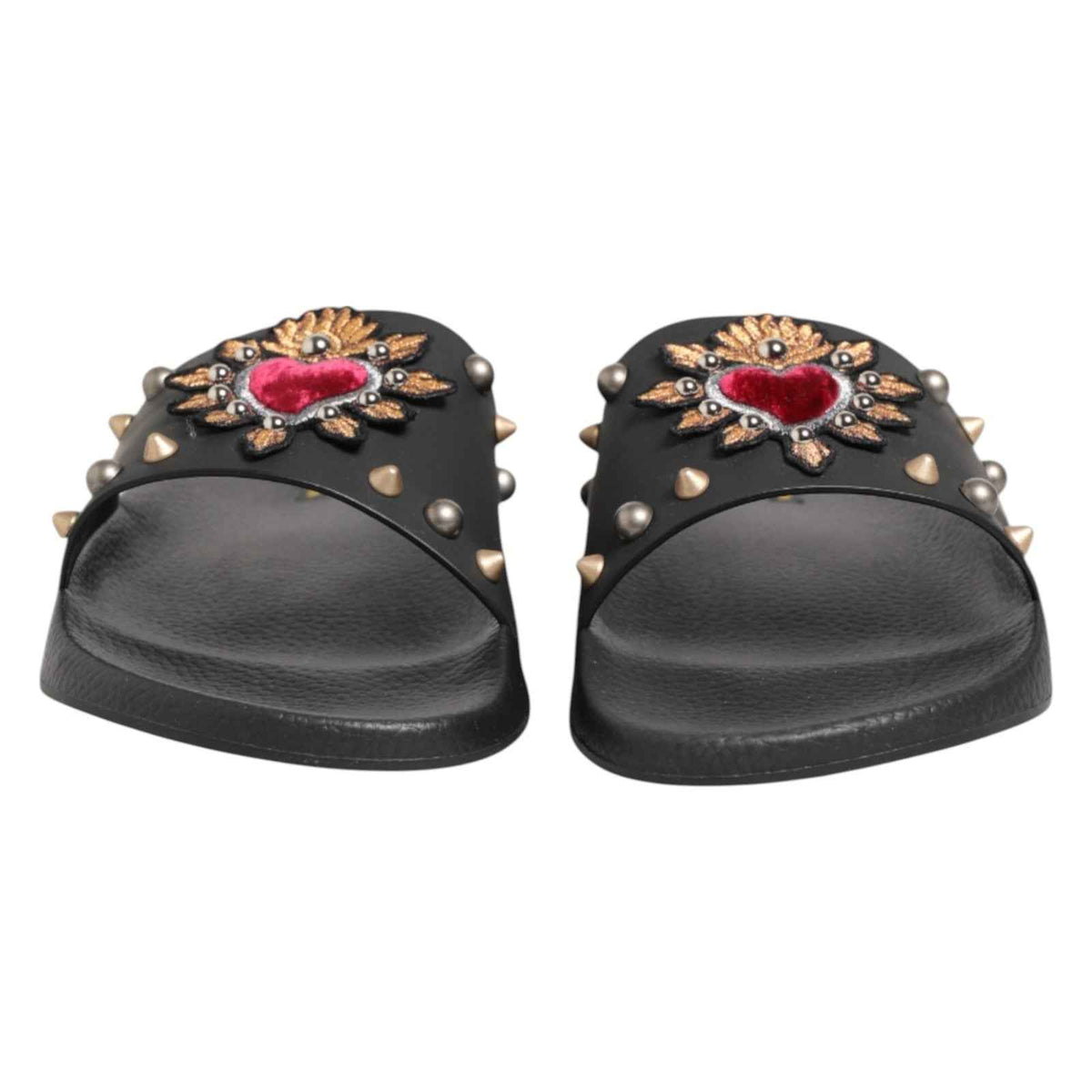 Dolce & Gabbana Black Heart Patch Rubber Calfskin Slippers Shoes