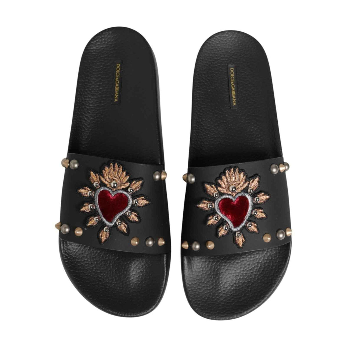 Dolce & Gabbana Black Heart Patch Rubber Calfskin Slippers Shoes