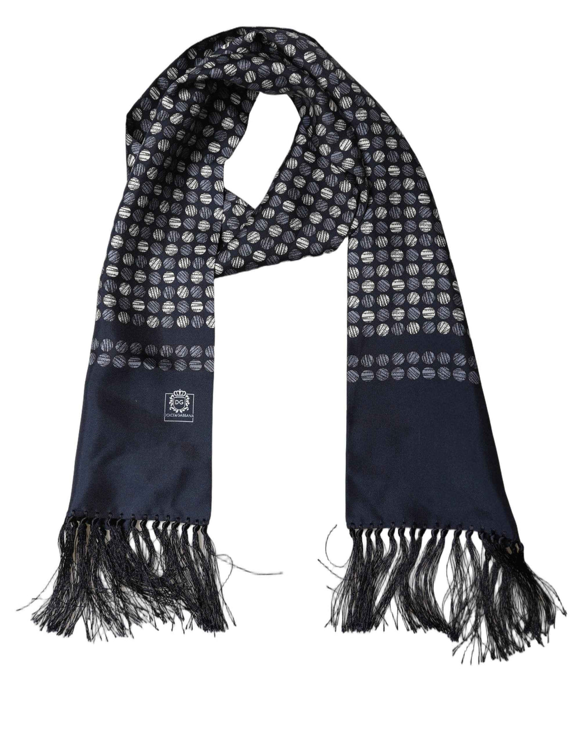 Dolce & Gabbana Men Navy Blue Geometric Dot Silk Fringed Neck Shawl Scarf
