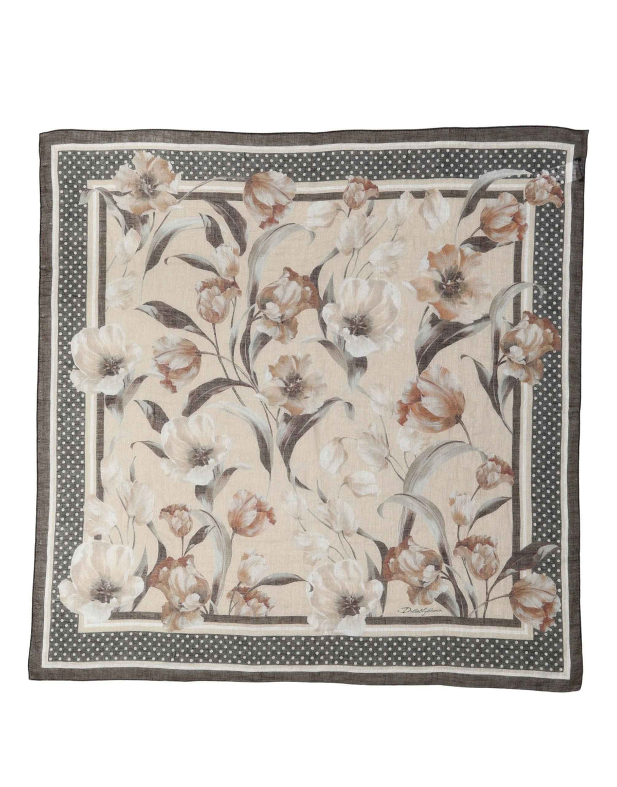Dolce & Gabbana Men Beige Floral Linen Square Foulard Scarf