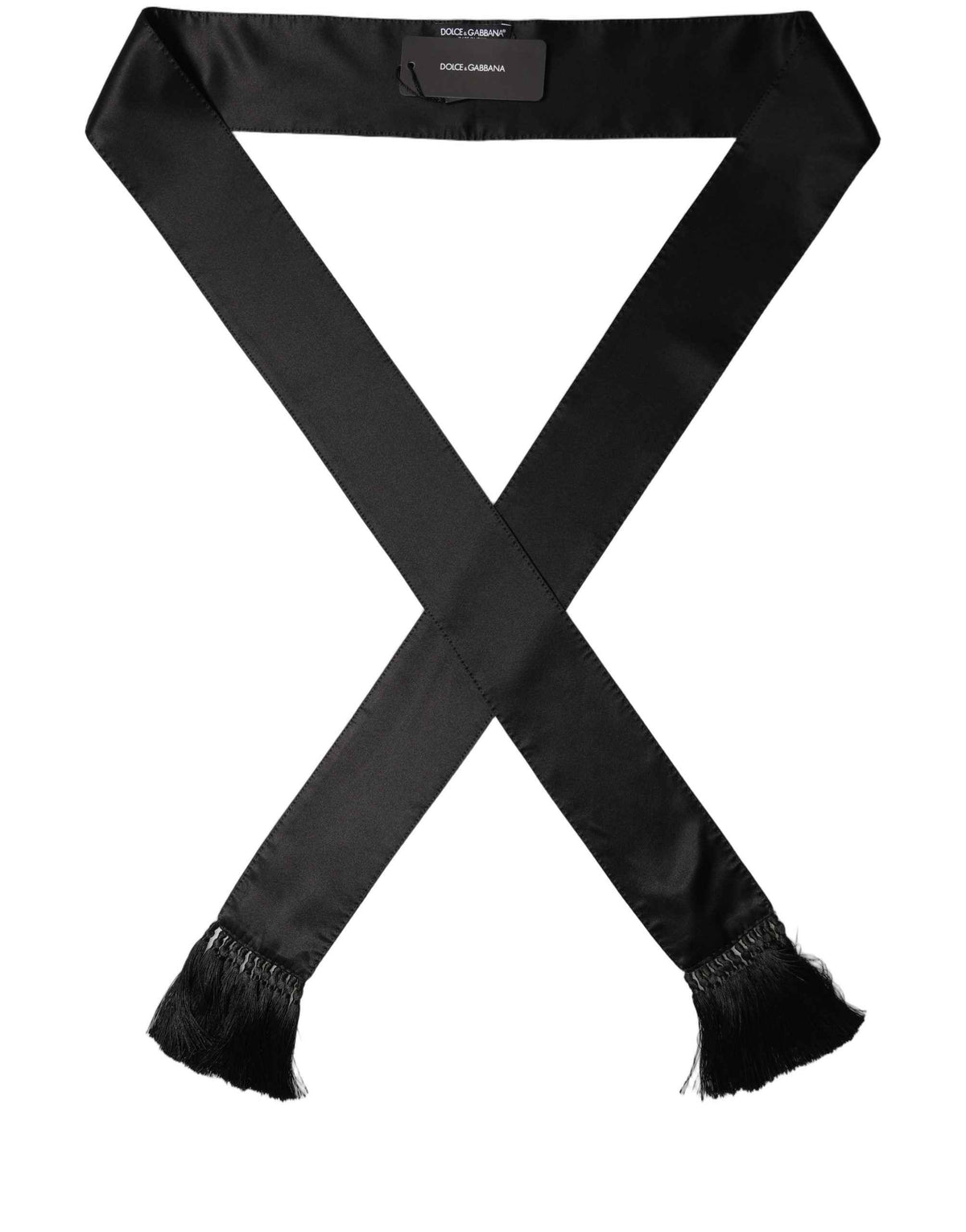 Dolce & Gabbana Black Satin Silk Skinny Fringed Shawl Scarf