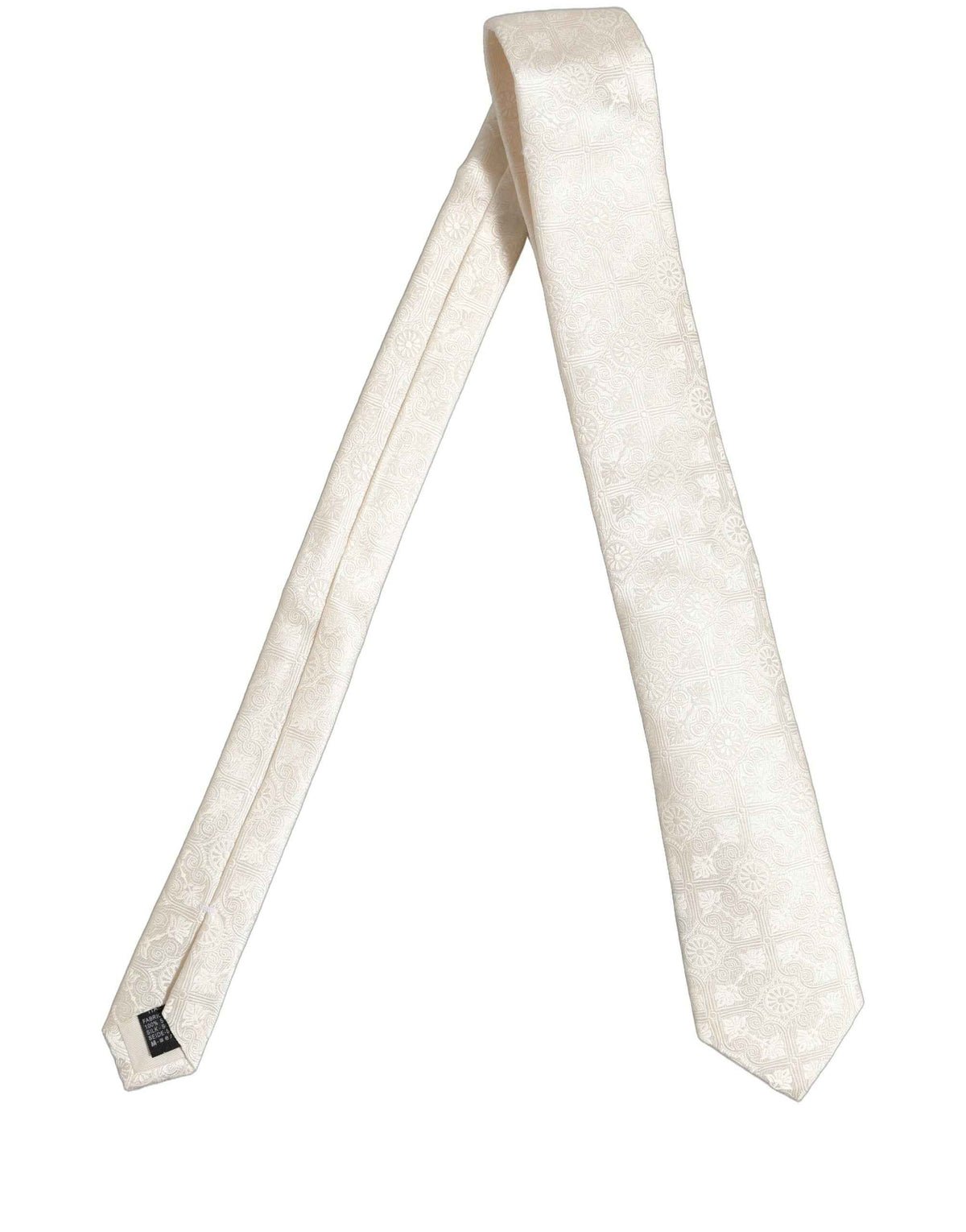 Dolce & Gabbana Off White Silk Damask Woven Adjustable Tied Necktie Tie