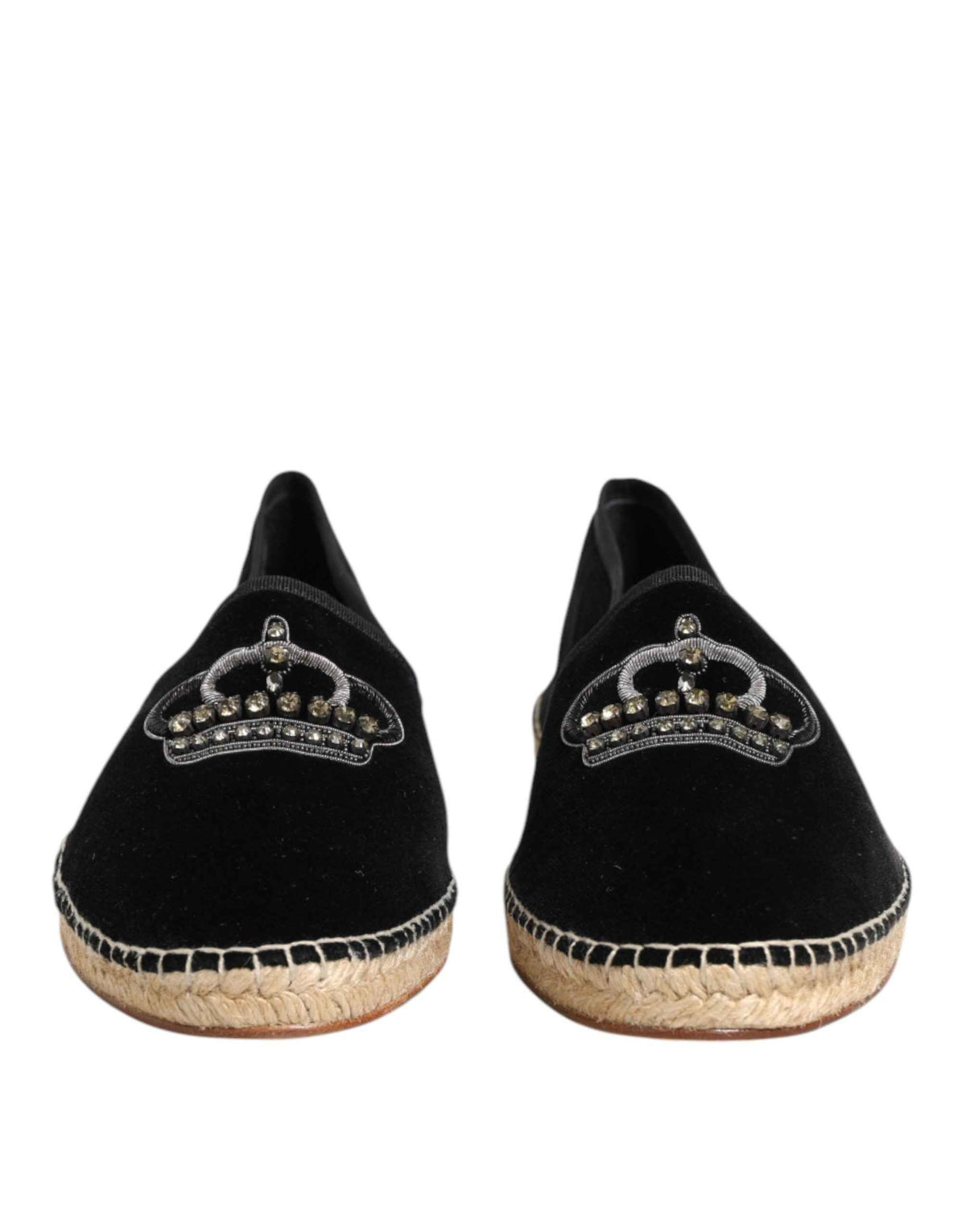 Dolce & Gabbana Black Embellished Crown Flat Espadrilles Shoes