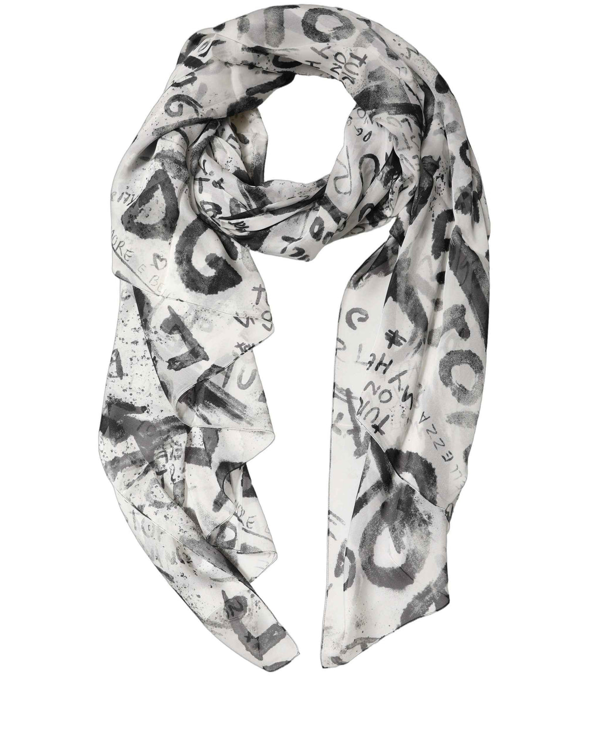 Dolce & Gabbana White Graffiti Logo Silk Shawl Stole Scarf