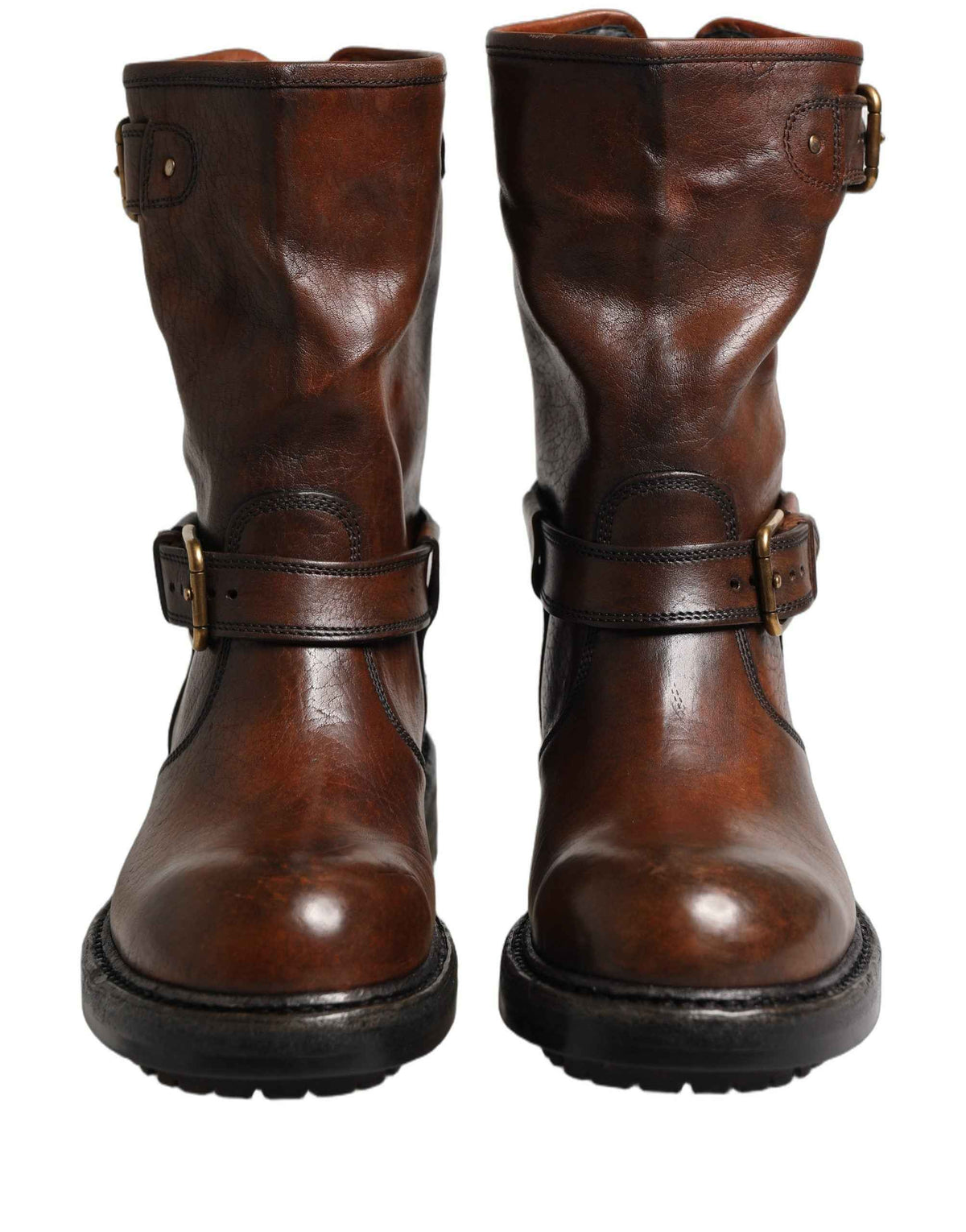 Dolce & Gabbana Brown Leather Mid Calf Biker Boots Shoes