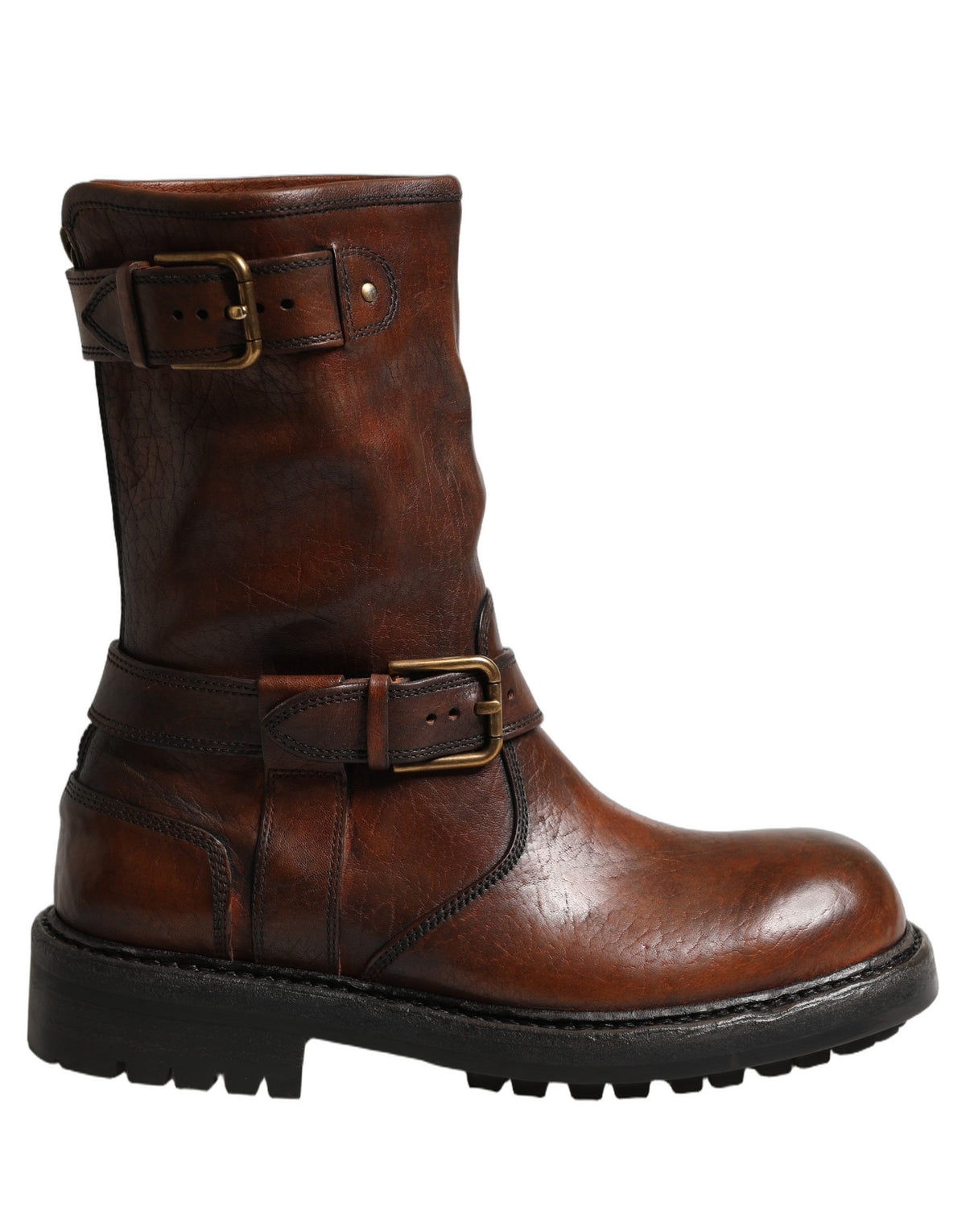 Dolce & Gabbana Brown Leather Mid Calf Biker Boots Shoes
