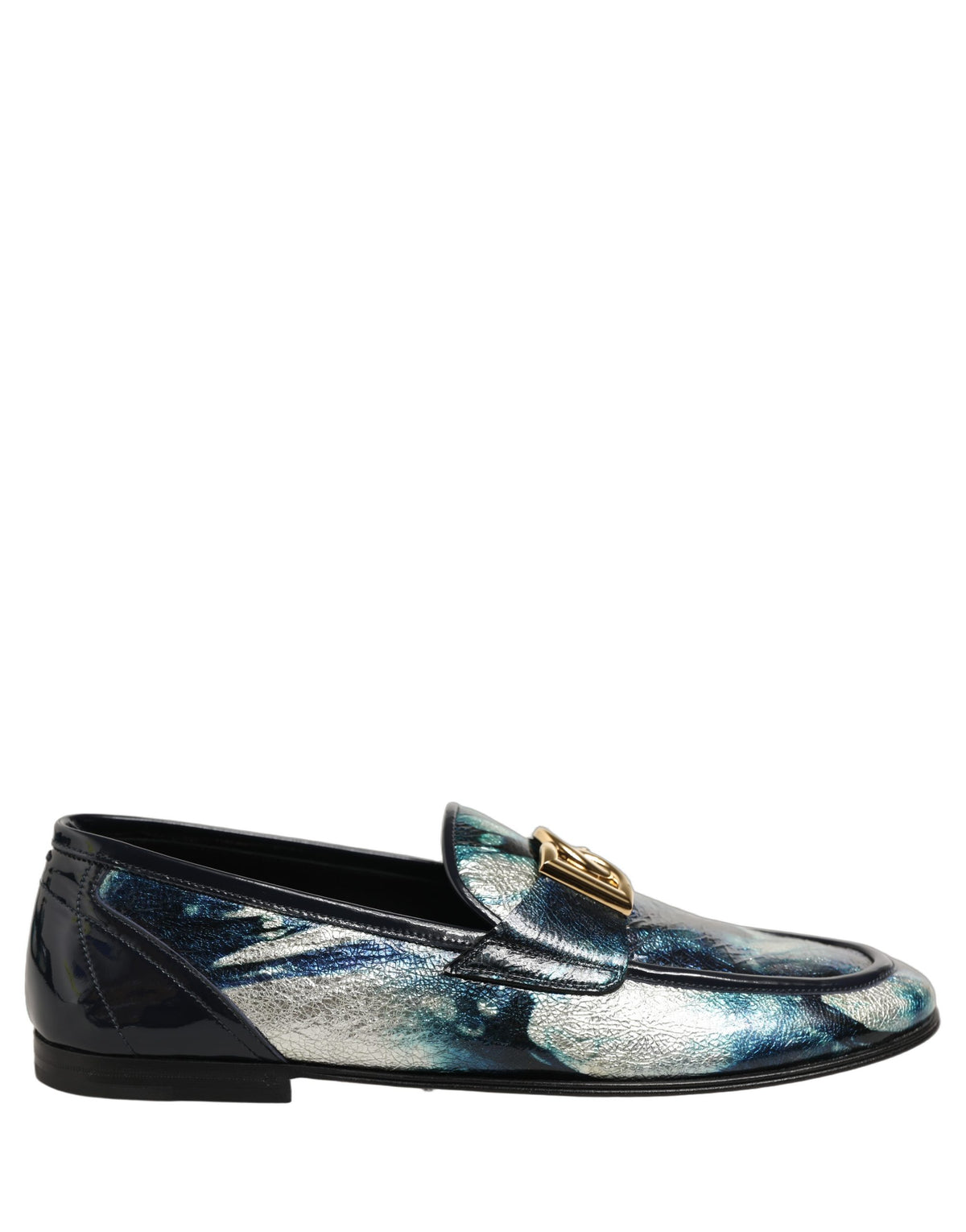 Dolce & Gabbana Metallic Blue Silver Leather DG Loafers Shoes