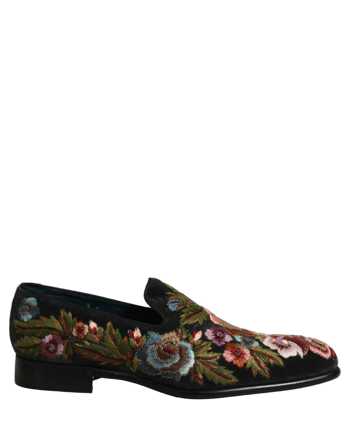 Dolce & Gabbana Black Velvet Floral Embroidery Loafers Shoes