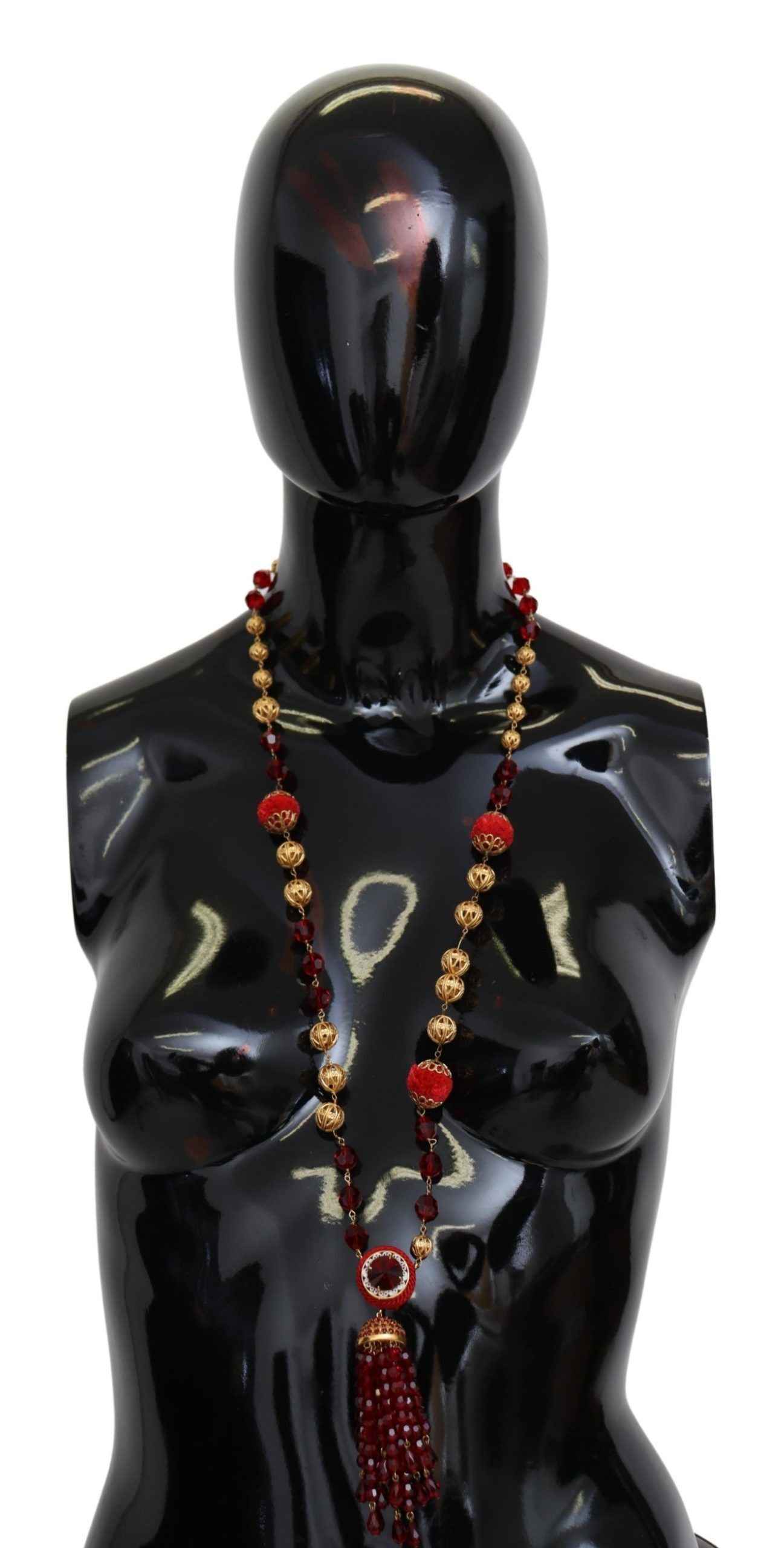 Dolce & Gabbana Gold Tone Brass Red Crystals Pendant Opera Chain Necklace