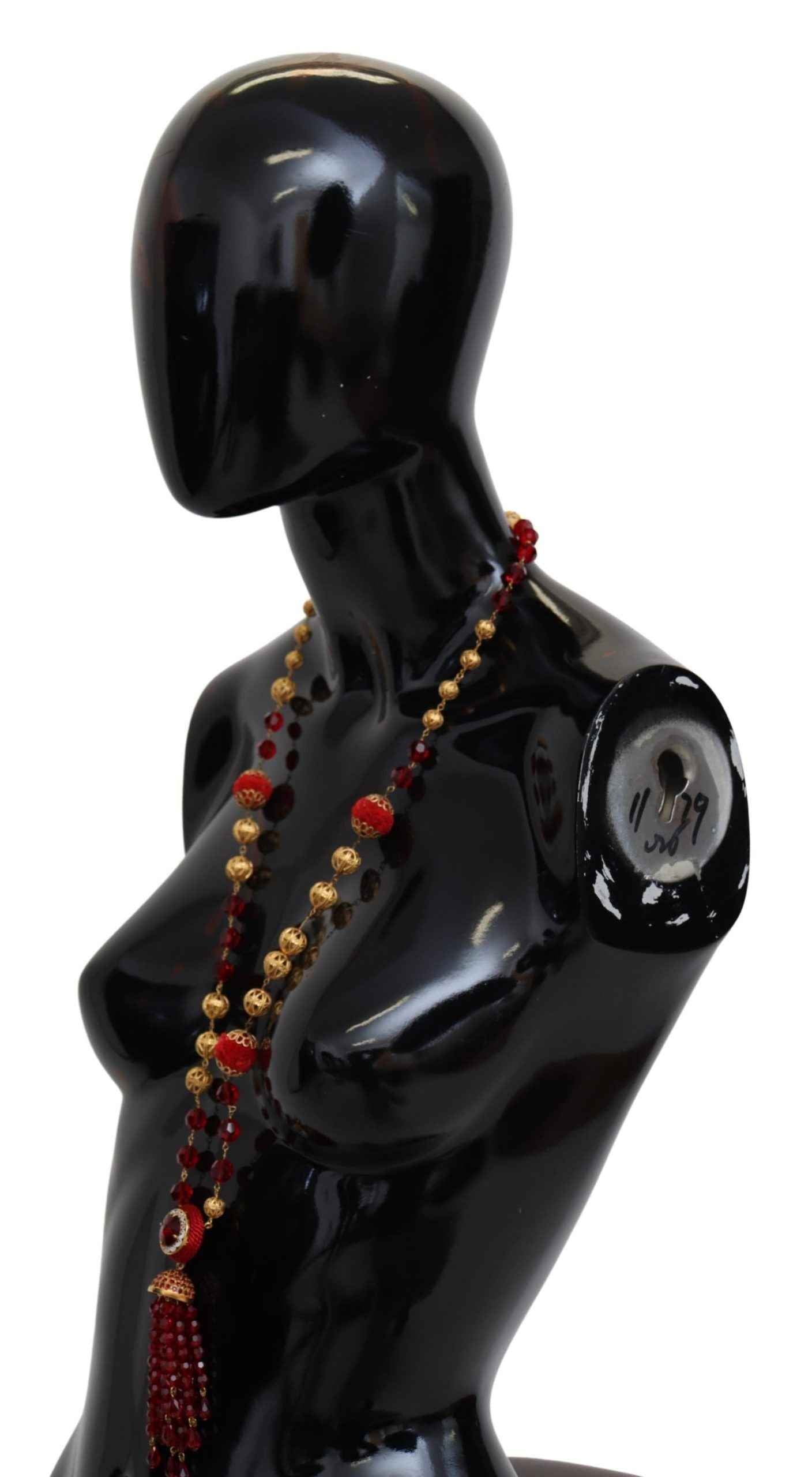 Dolce & Gabbana Gold Tone Brass Red Crystals Pendant Opera Chain Necklace