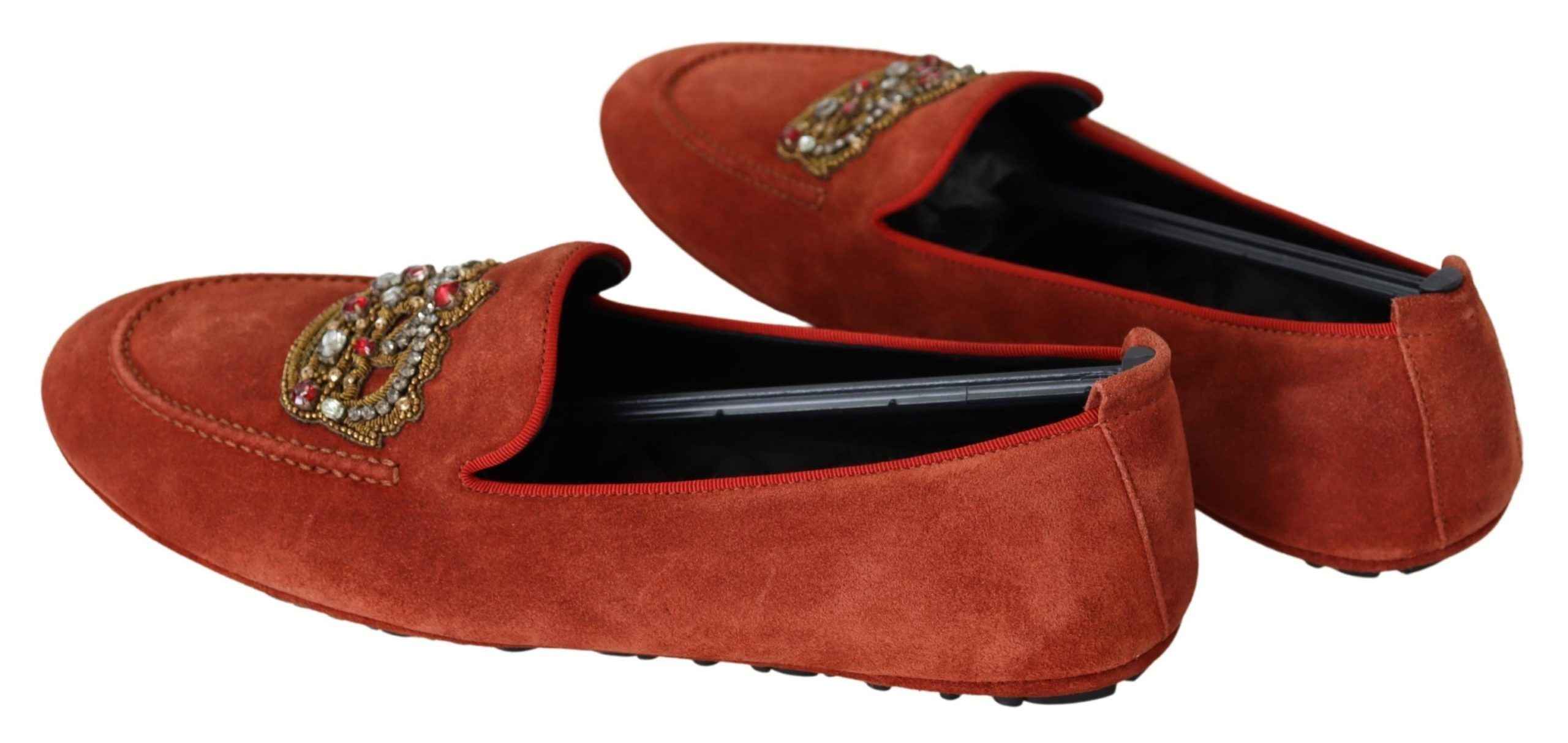 Dolce & Gabbana Orange Leather Crystal Crown Loafers Shoes