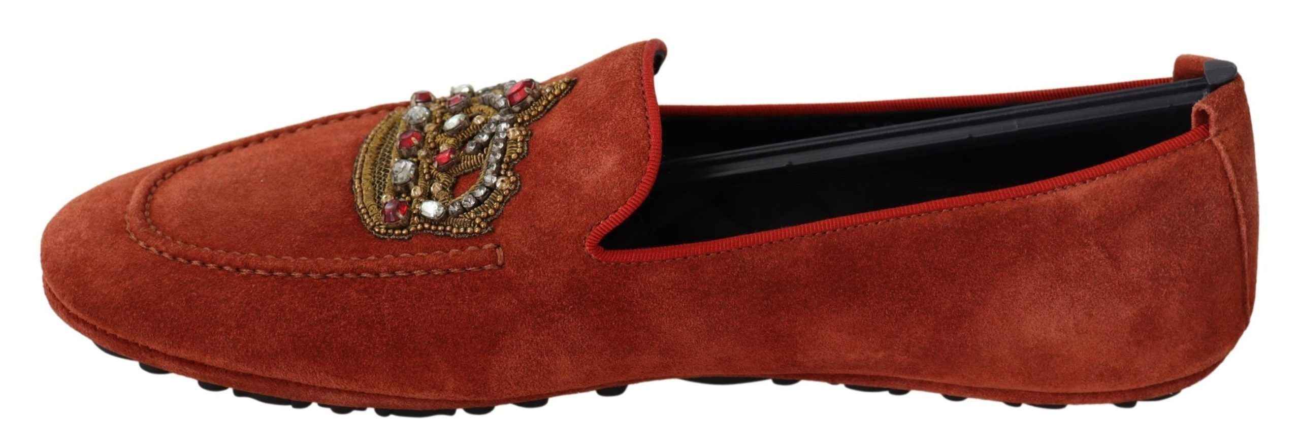 Dolce & Gabbana Orange Leather Crystal Crown Loafers Shoes