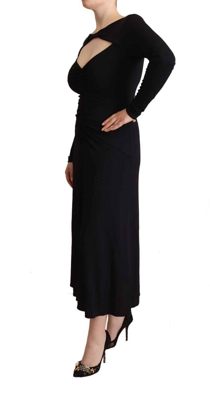 PINKO Black Nylon Stretch Long Sleeves Deep V-neck Maxi Dress