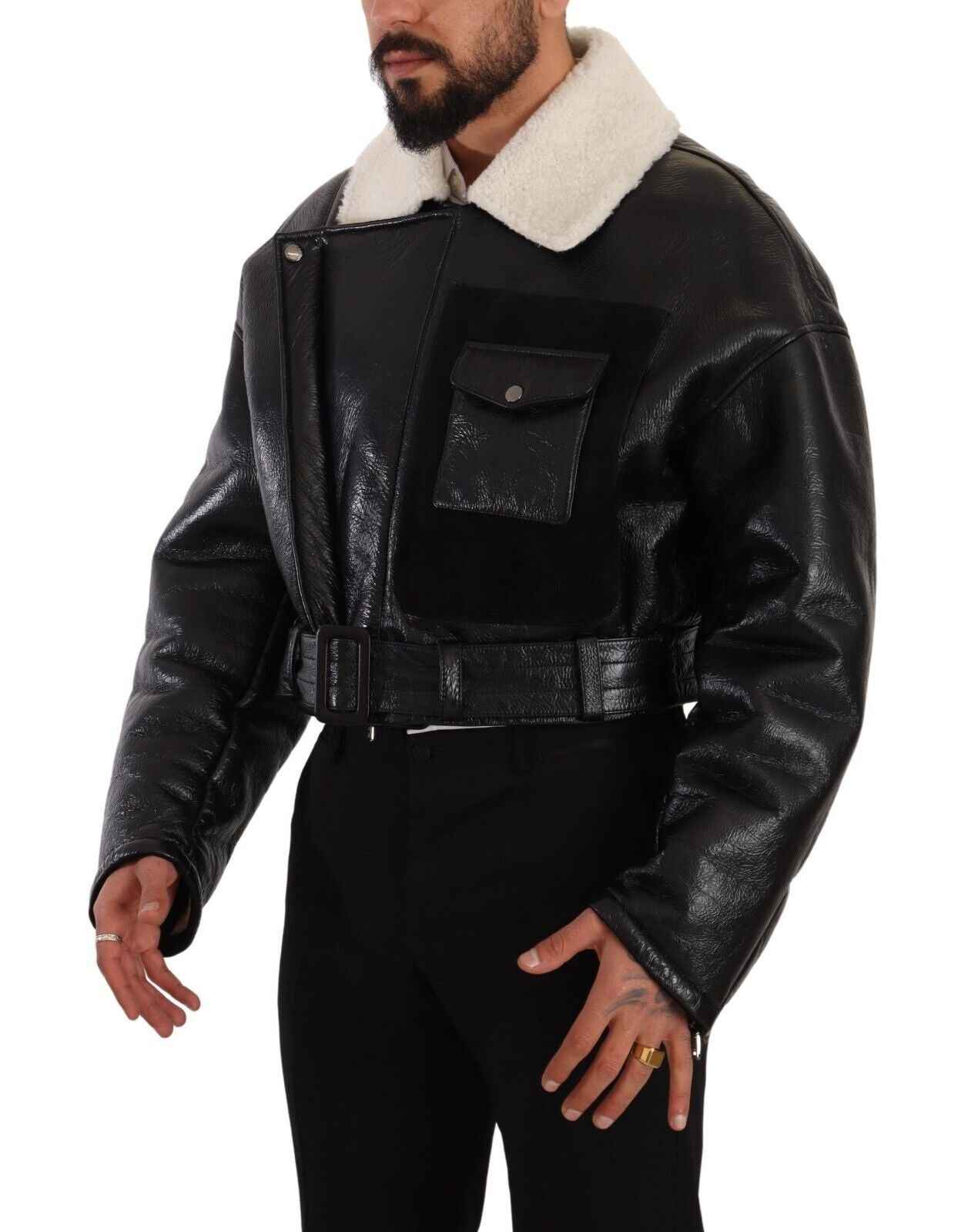 Dolce & Gabbana Black Leather Shearling Biker Coat Jacket