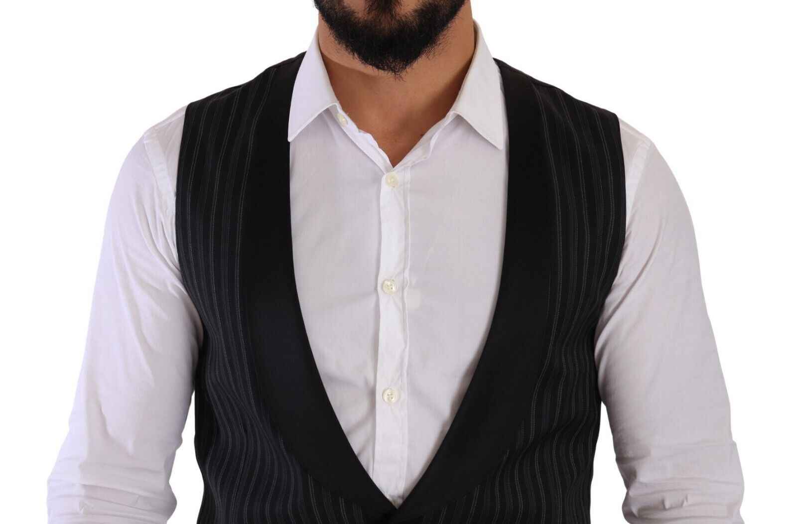 Dolce & Gabbana Dark Gray Striped Wool Silk Waistcoat Vest