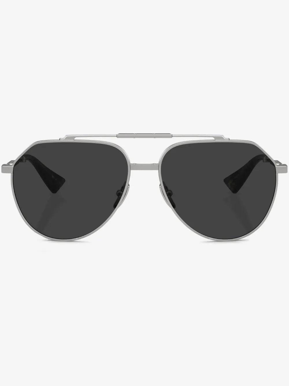 A pair of aviator-style sunglasses with a silver-tone metal frame and dark gray lenses, shown from the front against a light gray background.