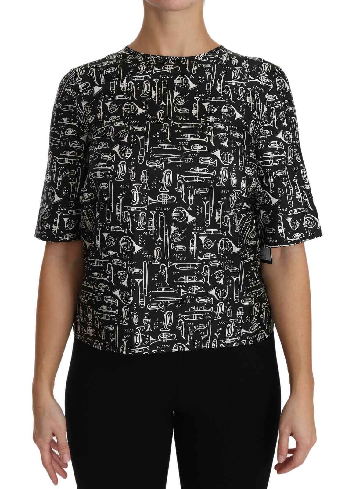 Dolce & Gabbana Black Musical Instruments Print Silk Blouse