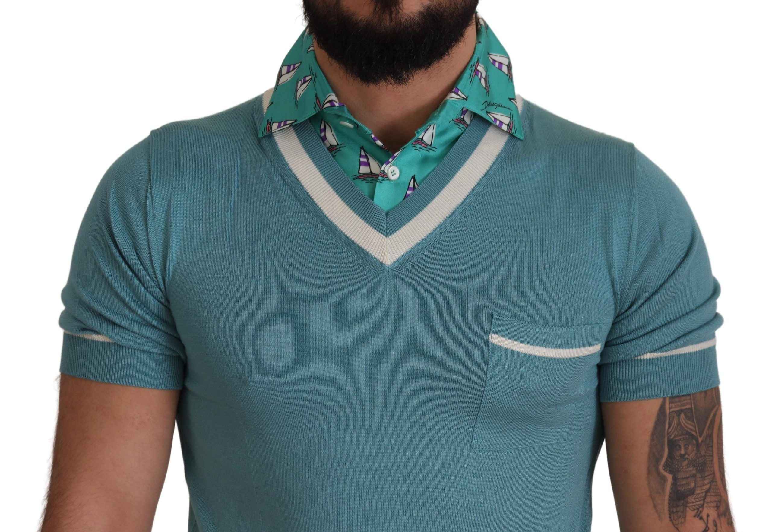 Dolce & Gabbana Blue Silk Polo Top Mens V-neck T-shirt
