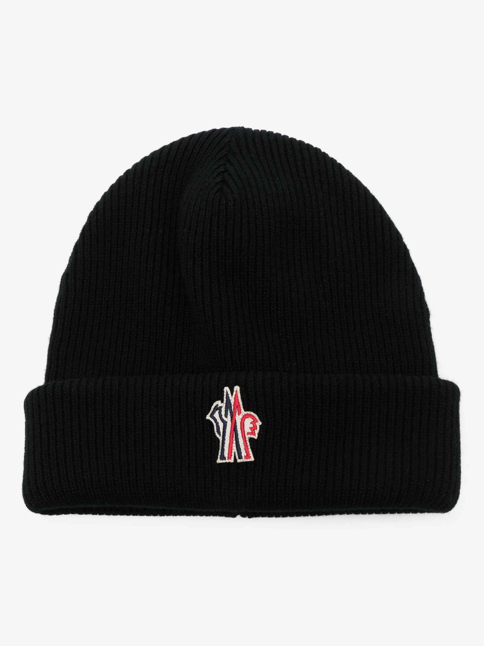 Moncler Grenoble Ribbed Logo Wool Beanie Hat Black