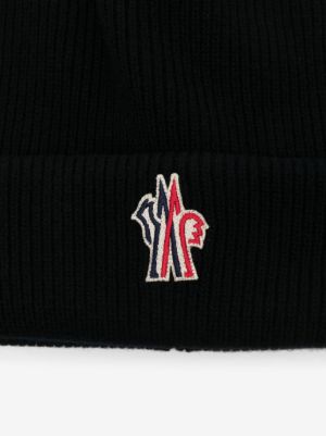 Moncler Grenoble Ribbed Logo Wool Beanie Hat Black