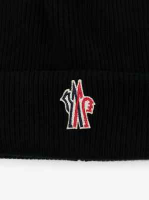 Moncler Grenoble Ribbed Logo Wool Beanie Hat Black