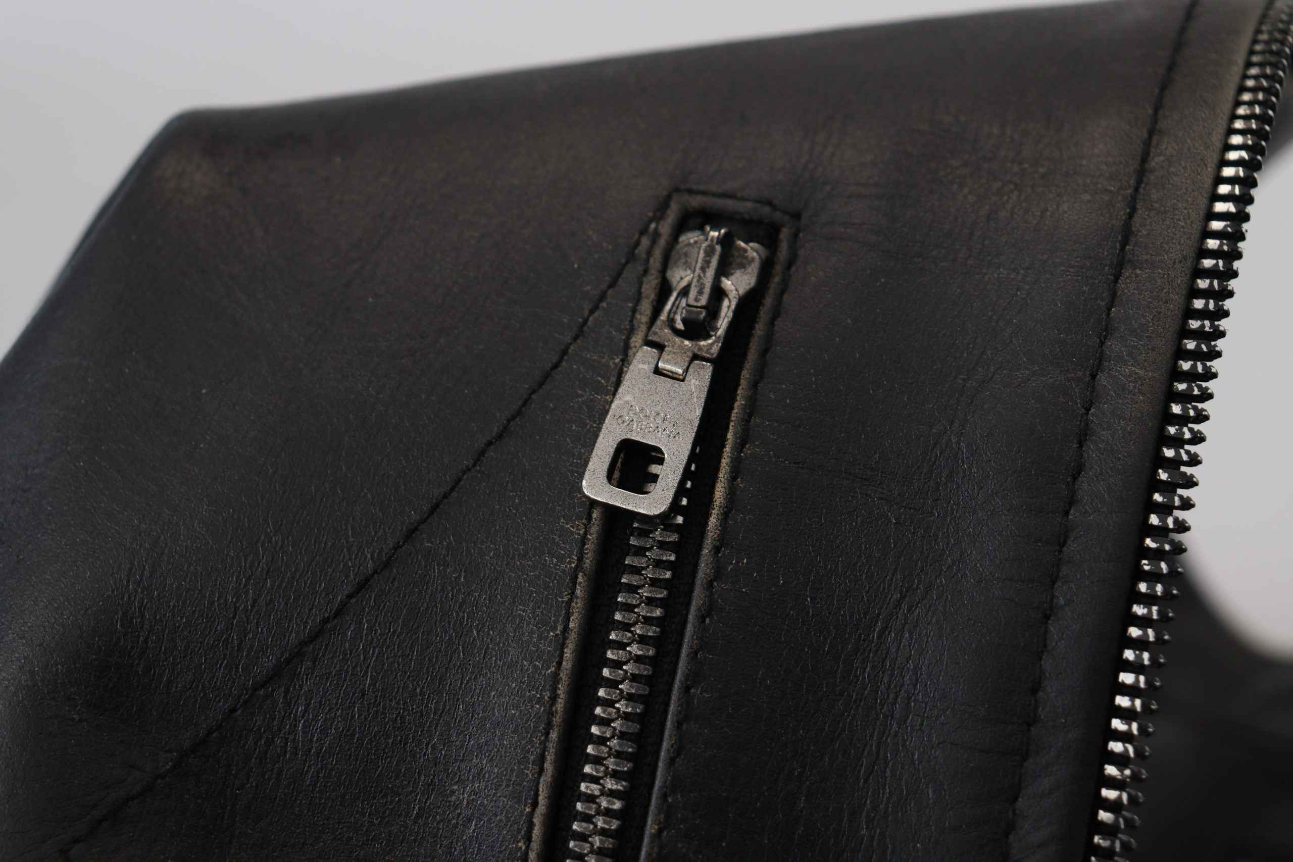 Dolce & Gabbana Black Leather Zipper Biker Coat Jacket