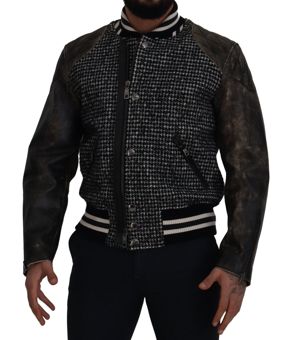 Dolce & Gabbana Dark Gray Houndstooth Polyester Bomber Jacket