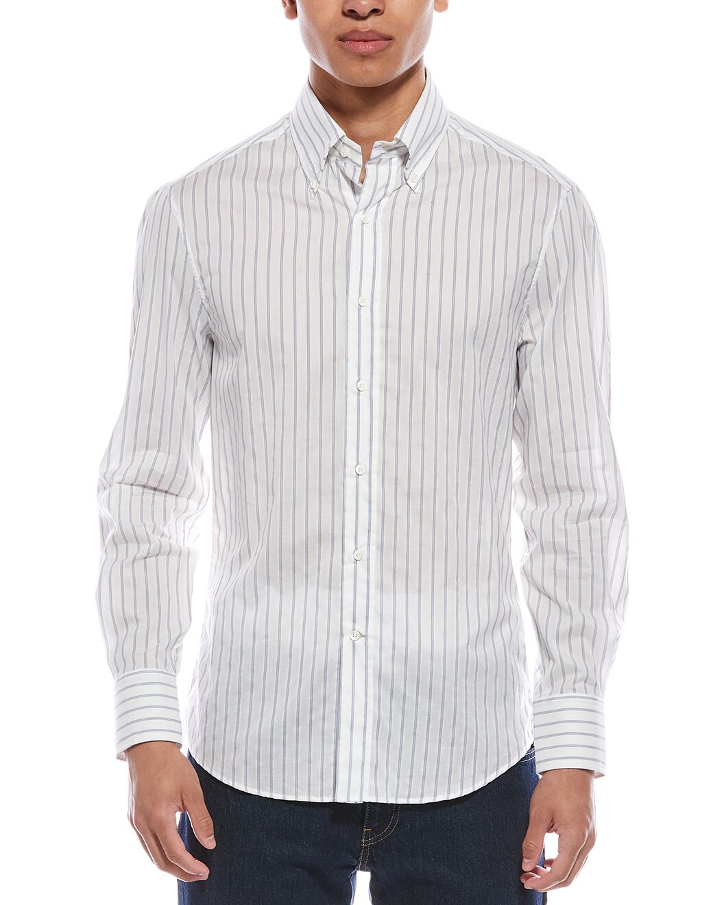 BRUNELLO CUCINELLI MEN'S WHITE STRIPED BUTTON-UP SHIRT