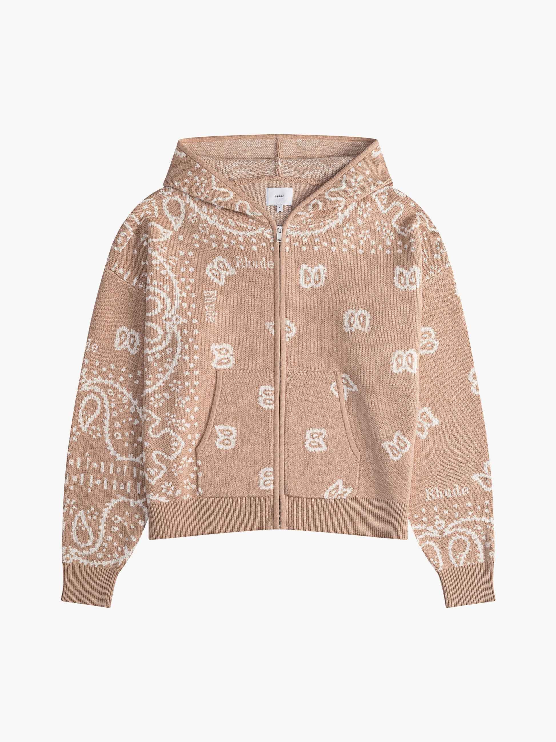 RHUDE MEN'S BEIGE CASHMERE BLEND BANDANA KNIT HOODIE