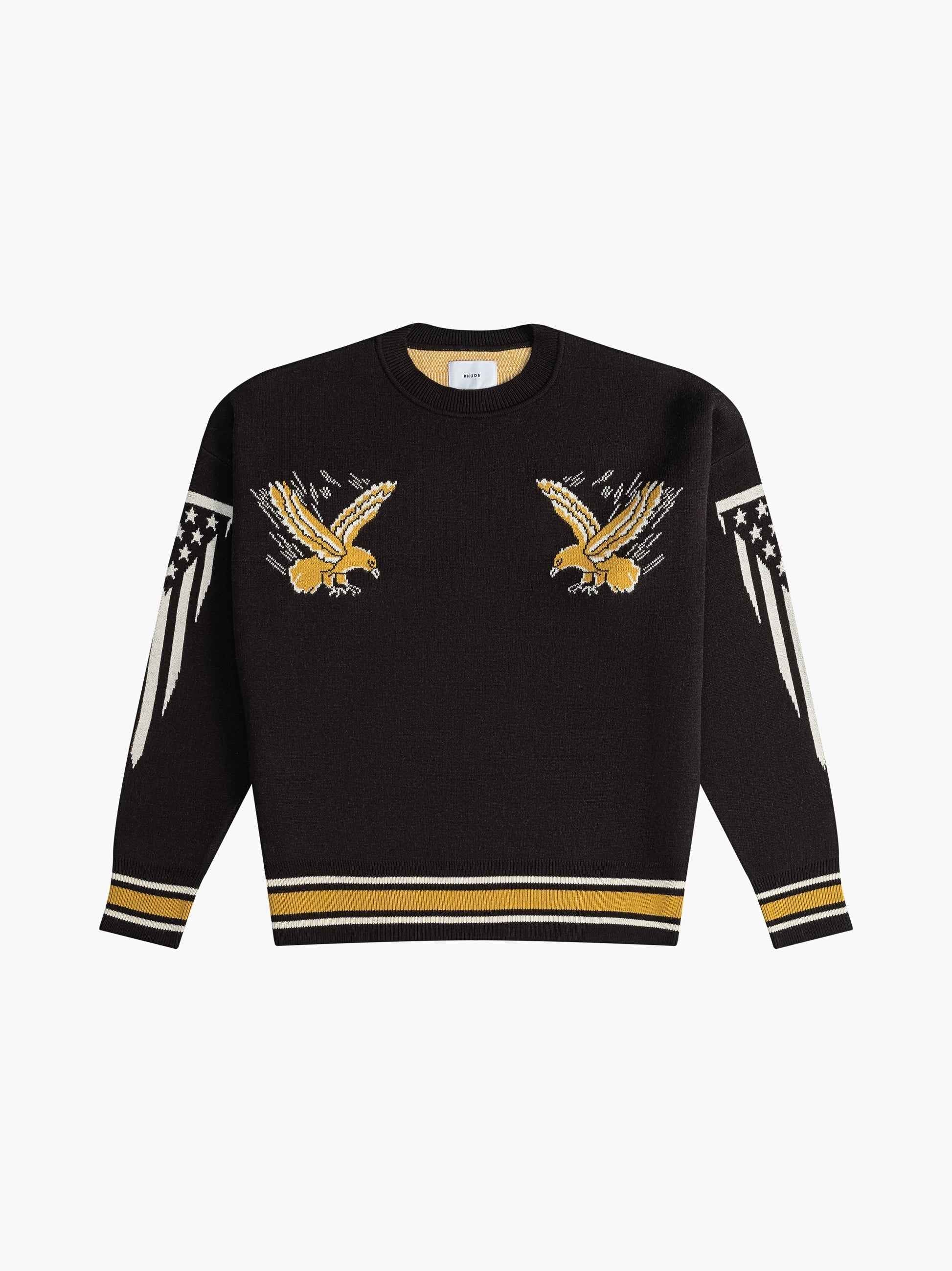 RHUDE MEN'S BLACK GOLD CASHMERE KNIT CREWNECK SWEATER