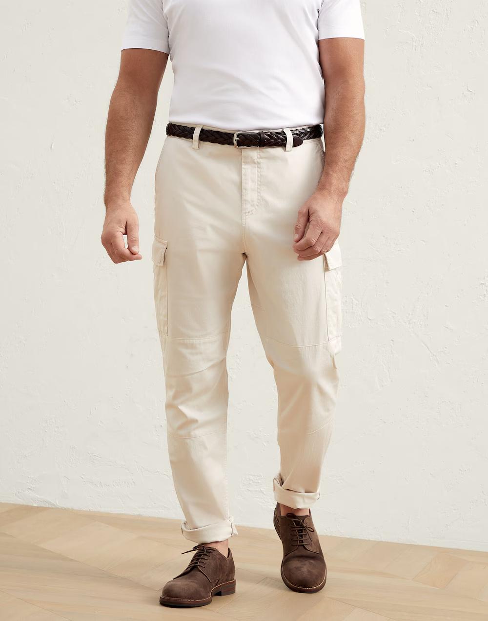 BRUNELLO CUCINELLI MEN'S OFF WHITE RELAXED CARGO TROUSERS
