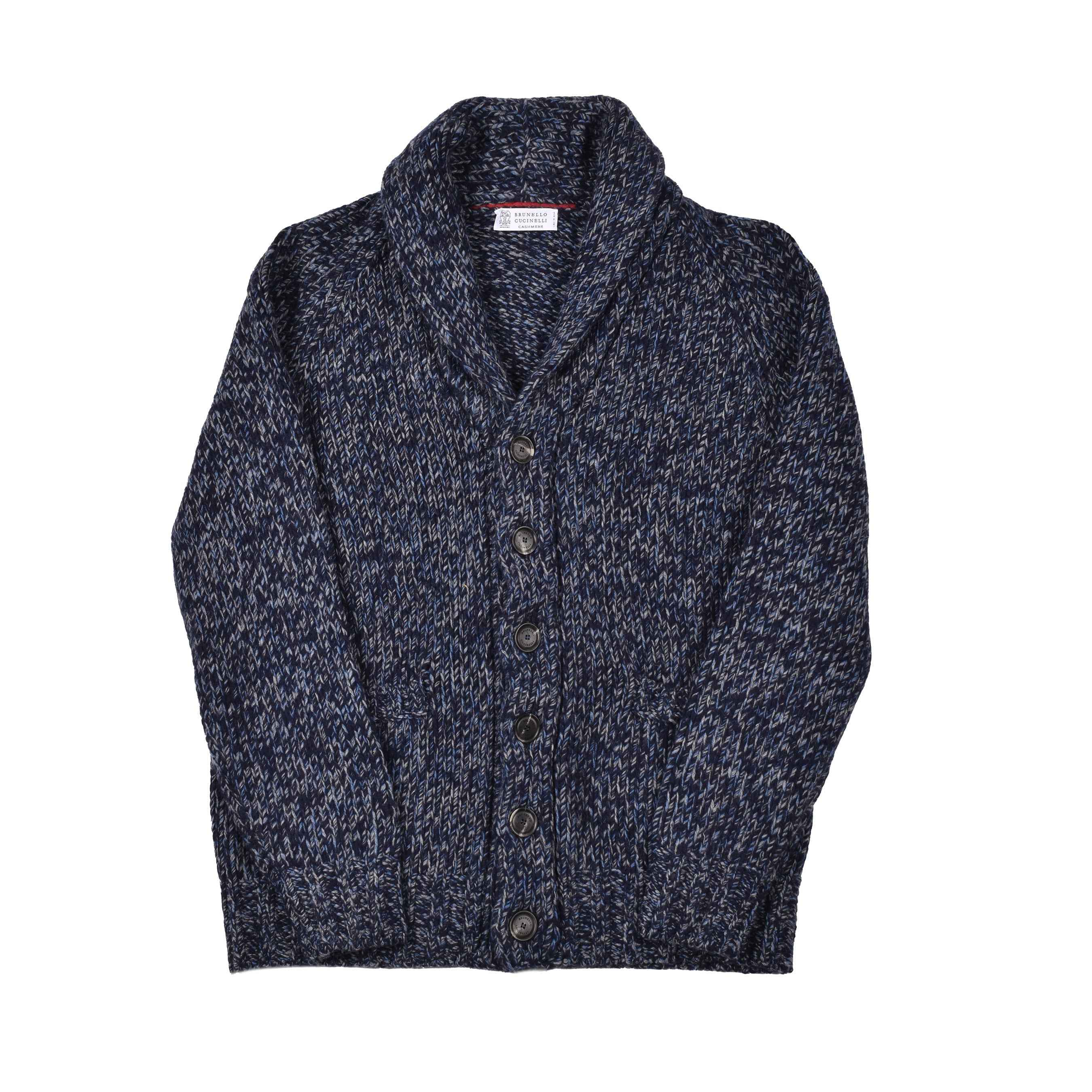 BRUNELLO CUCINELLI MEN'S BLUE CASHMERE BLEND KNIT CARDIGAN