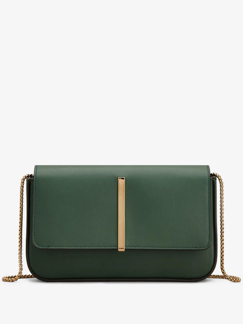 A dark green leather clutch bag with a gold vertical bar accent on the front flap and a gold chain strap, shown against a plain white background.