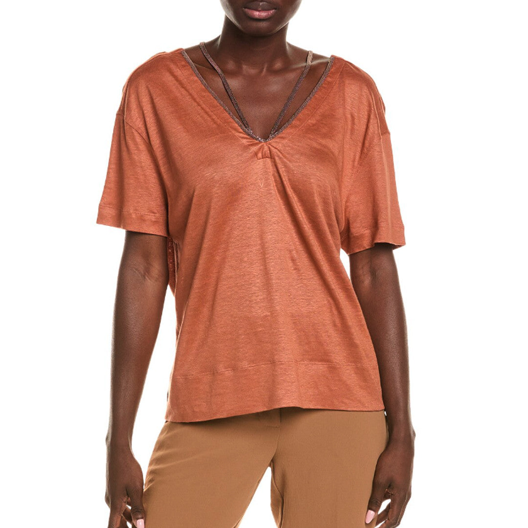 BRUNELLO CUCINELLI WOMEN'S RUST SILK BLEND BEADED TOP