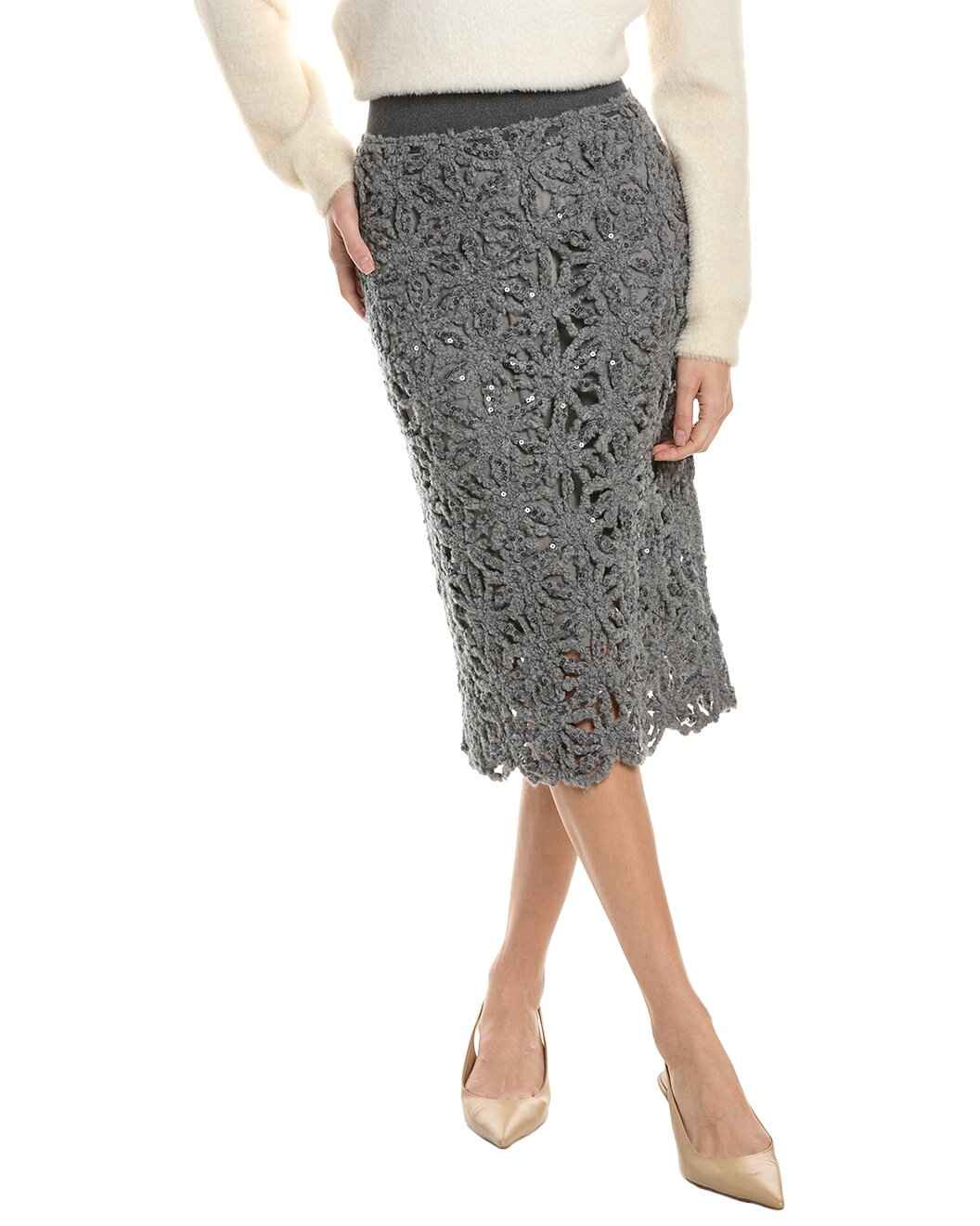 BRUNELLO CUCINELLI WOMEN'S GREY LACE PENCIL SKIRT