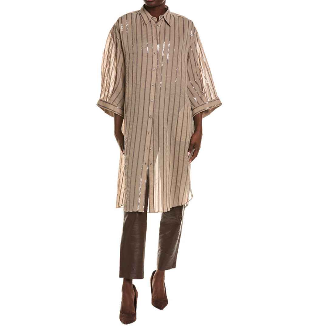 BRUNELLO CUCINELLI WOMEN'S COFFEE CREAM LONG SEQUIN STRIPED COTTON SHIRT