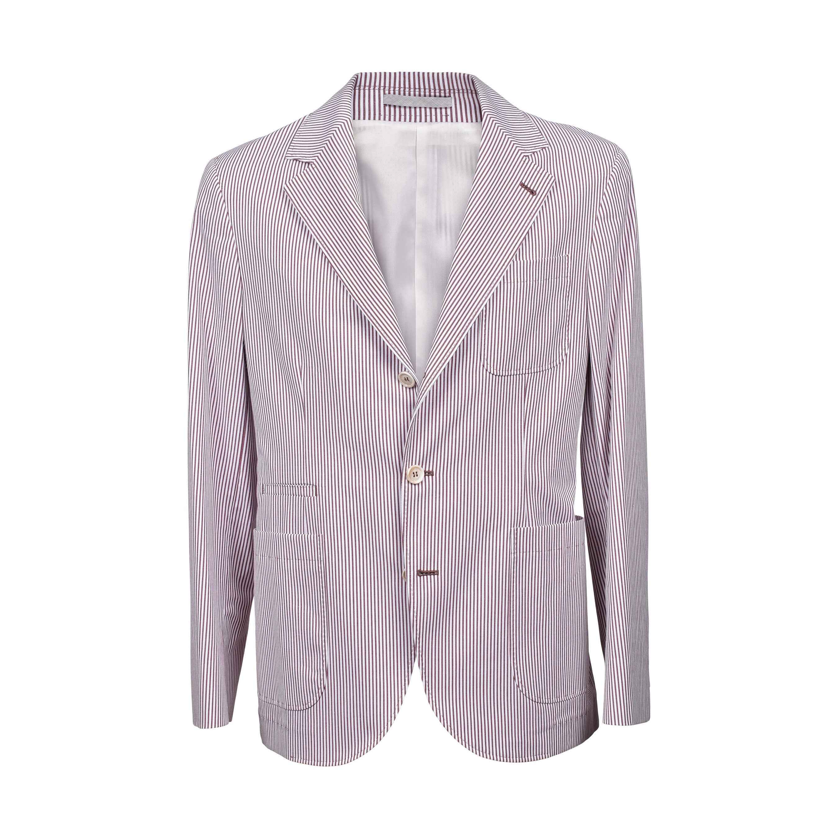 BRUNELLO CUCINELLI MEN'S BURGUNDY STRIPED DECONSTRUCTED BLAZER